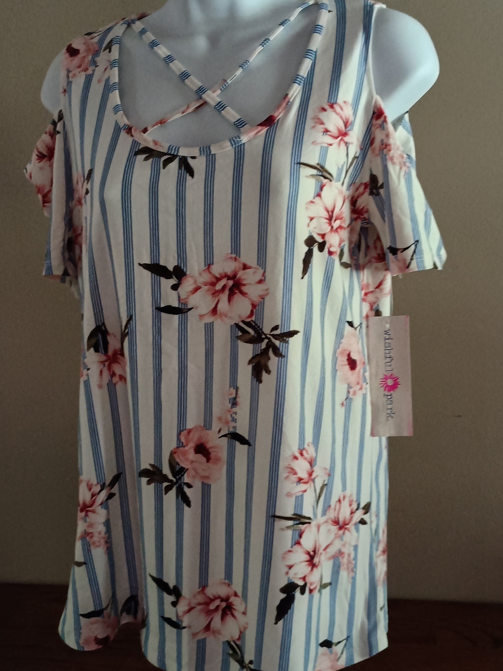 Wishful Park Blue & Pink Striped Cold-Shoulder Tunic